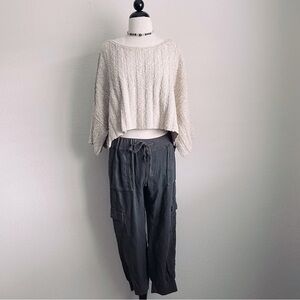 Free People Oatmeal Ribbed Knit Semi-Cropped Boxy Scoop Neck Sweater
